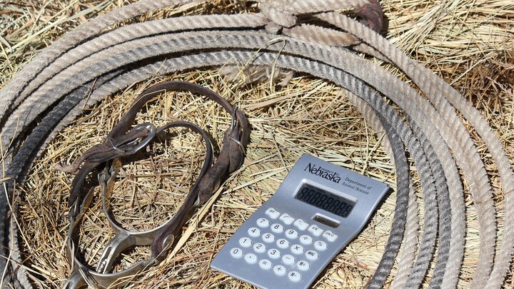 Calculator, spurs, and rope on a hay bale. Photo credit: Troy Walz