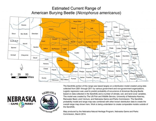 Estimated Current Range Map of American Burying Beetle for Nebraska
