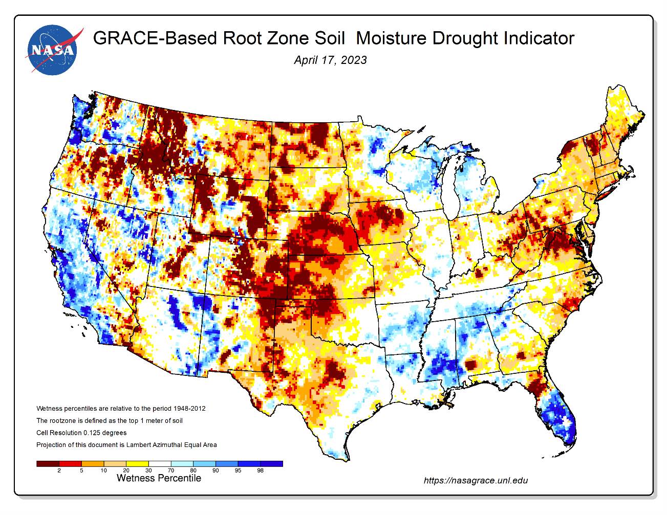 NASA satellite indicated root zone (1 meter depth) soil moisture.