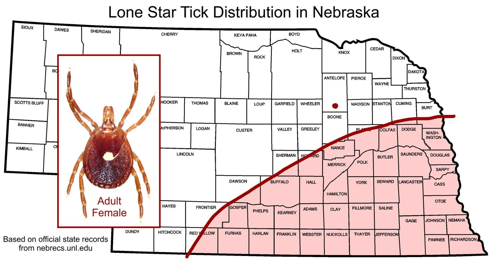 Distribución de garrapatas estrella solitaria en Nebraska (Departamento de Entomología de UNL 2018)