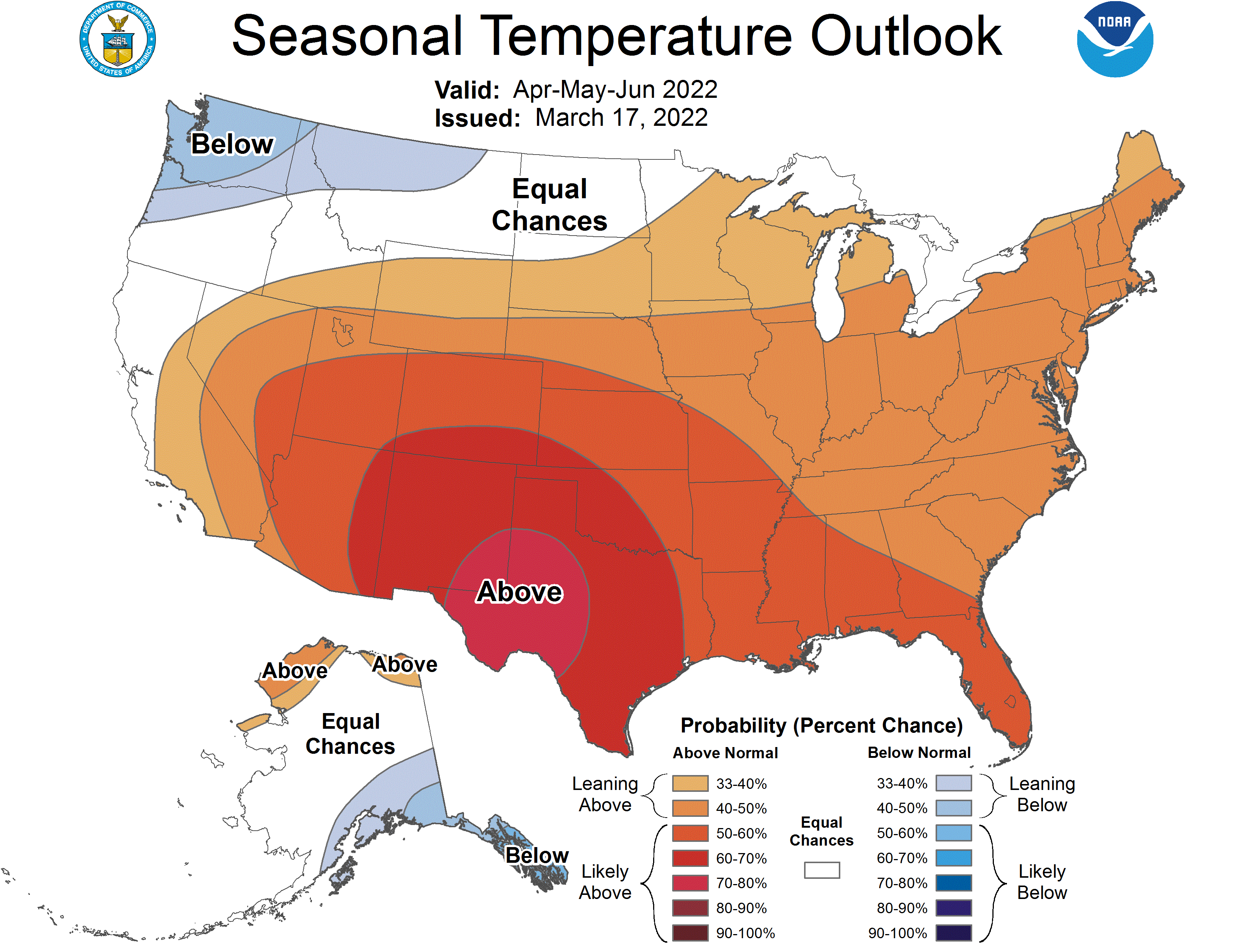 Probability of above normal temperature for the United States April through June 2022