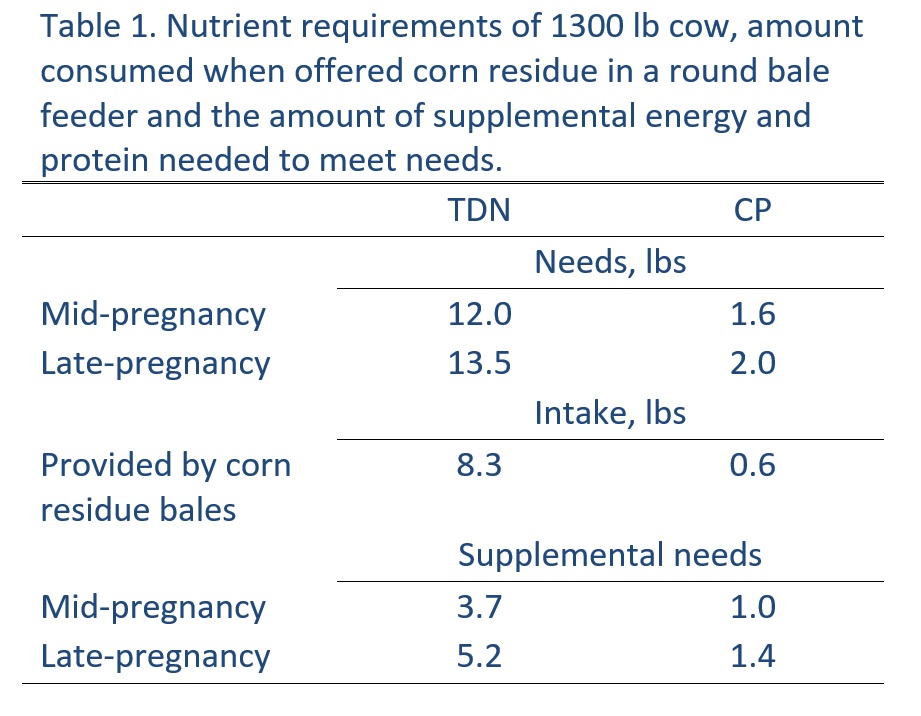 Nutrient requirements of 1300 lb cow, amount consumed when offered corn residue in a round bale feeder