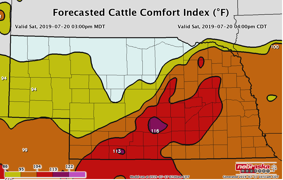 Cattle Comfort Index Forecast for 4pm (CDT) Saturday, July 20, 2019