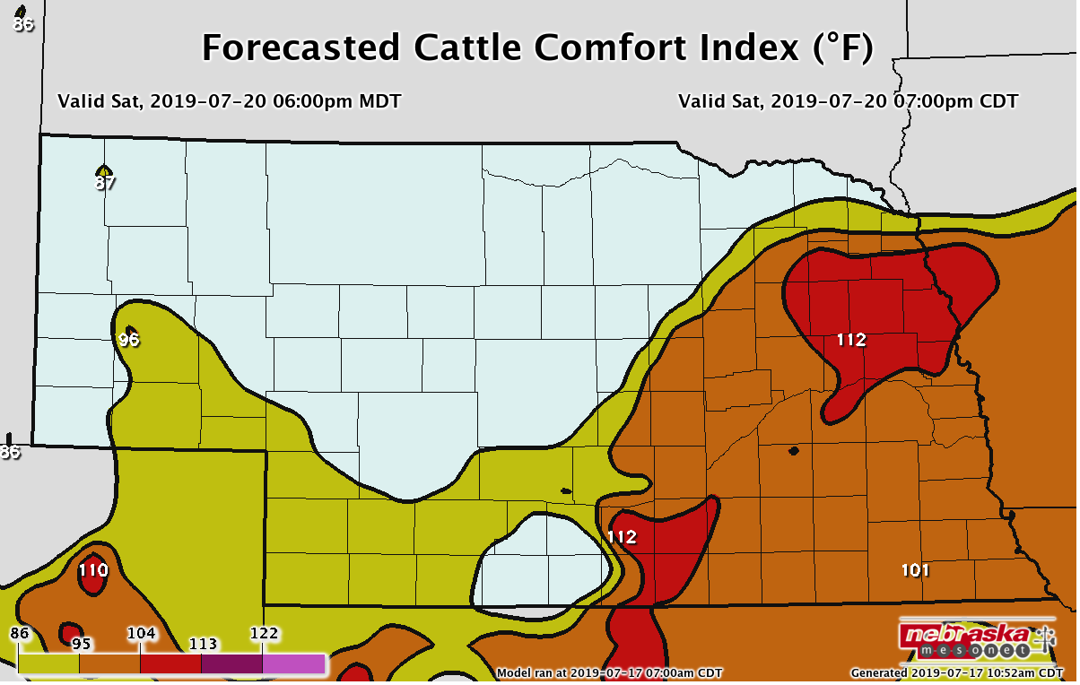 Cattle Comfort Index Forecast for 7pm (CDT) Saturday, July 20, 2019