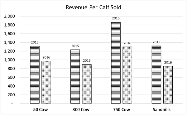 chart showing comparison for 2015 and 2016 revenue per calf sold