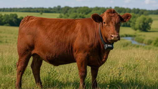 Red cow wearing a virtual collar standing in a pasture with trees and a stream in the background.