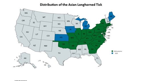 Map of Asian Longhorn Tick- present from the east coast to Kansas and Iowa.