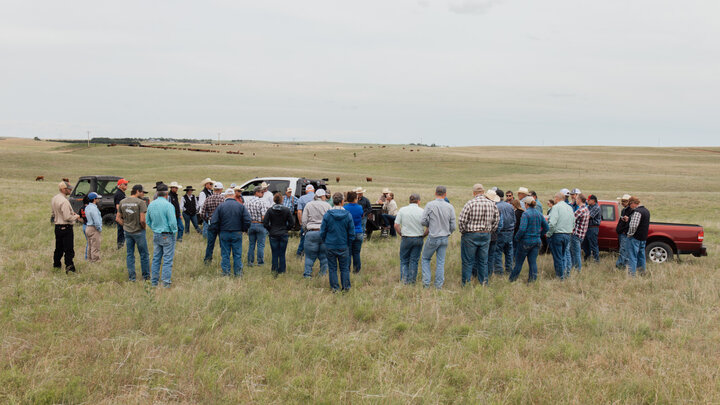 produers gathered around for a presentation in a field