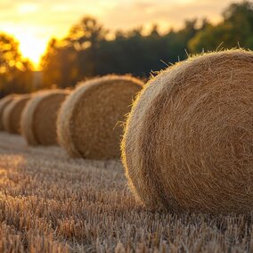 Round hay bales in field