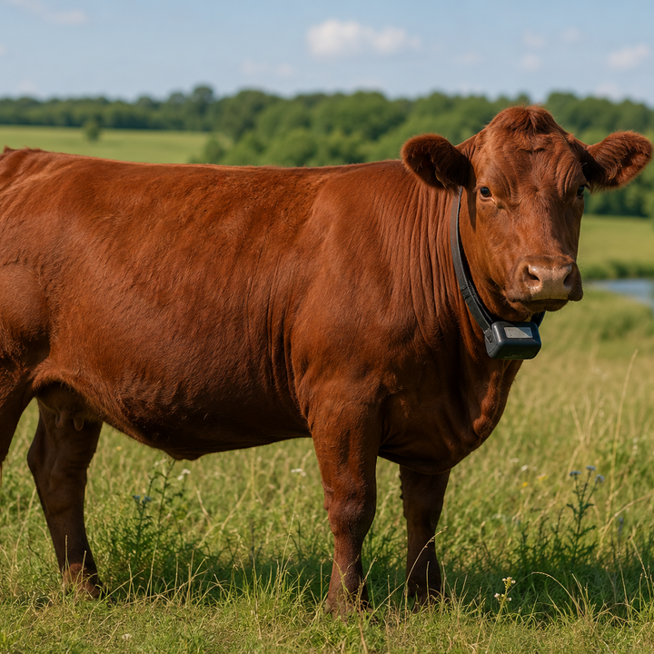 Red cow wearing a virtual collar standing in a pasture with trees and a stream in the background.