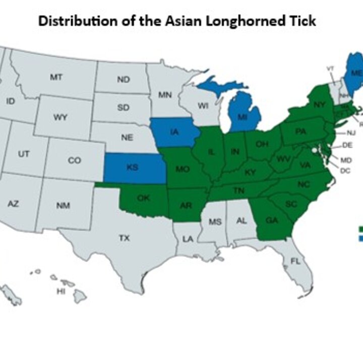 Map of Asian Longhorn Tick- present from the east coast to Kansas and Iowa.