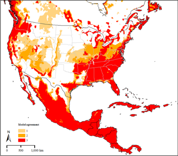 Map of North America showing favorable locations for the Asian Longhorned Tick