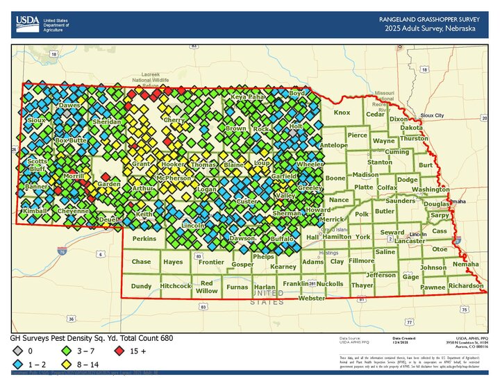 Nebraska map showing grasshopper pest density with colored markers indicating survey results. 