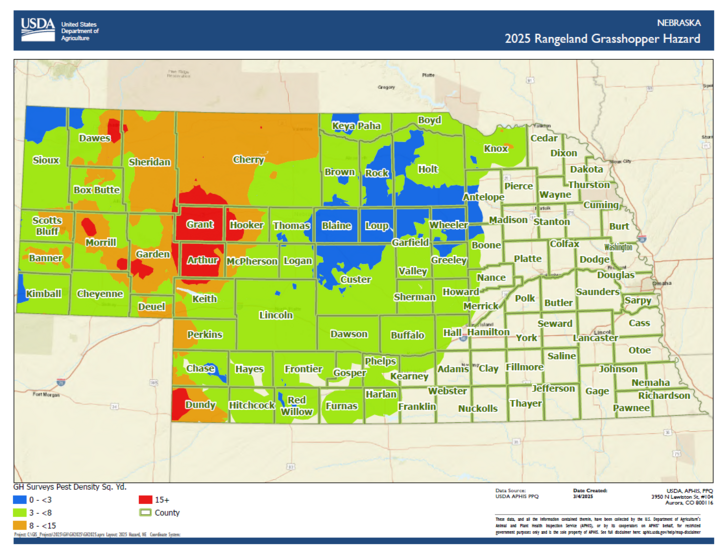Map of Nebraska- Grasshopper Outlook 2025
