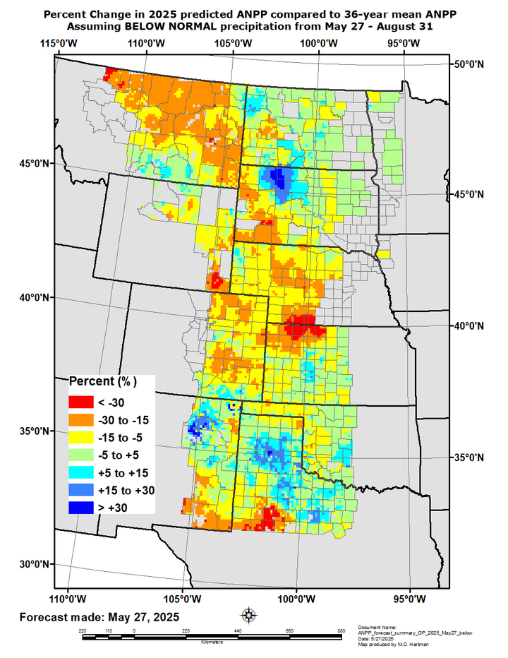 Below average annual net primary productivity for May 27 to Aug 31