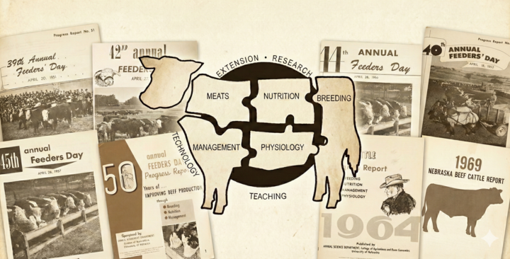 A composite image features a large central graphic of a cow silhouette, which is segmented into puzzle pieces labeled "MEATS," "NUTRITION," "BREEDING," "MANAGEMENT," and "PHYSIOLOGY," and encircled by the text "EXTENSION • RESEARCH," "TECHNOLOGY," and "TEACHING." This central graphic is superimposed over a background montage of archived "Nebraska Beef Cattle Report" and "Annual Feeders' Day" covers from the 1950s and 1960s, displaying historical photographs of cattle, ranches, and titles.