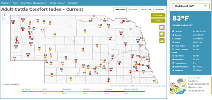 Figure 1.  Map of current conditions displayed on the Nebraska Mesonet CCI tool. 