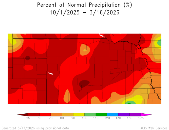 Figure 1. ACIS Climate Map from the High Plains Regional Climate Center showing the percentage of normal precipitation for the current water year, starting October 1, 2025, in Nebraska as of March 16, 2026.  All areas of the state are below normal precipitation