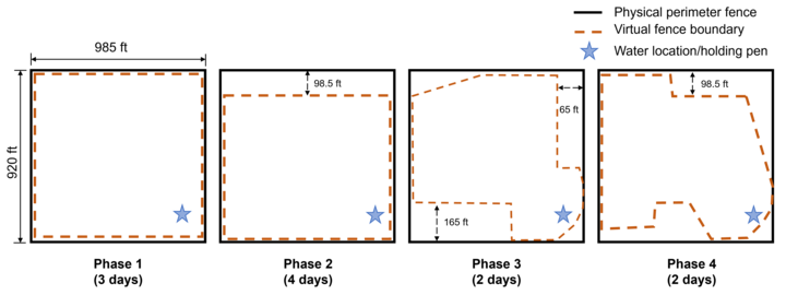 Figure 1. Layout and progression of virtual fence boundaries during the training phase prior to the grazing trial. Each panel represents a phase in which the virtual fence location (dashed line) was adjusted to encourage animal interaction with the system. Training was conducted within a physically fenced pasture (solid line), and water location is indicated by a star. Phases lasted 2 to 4 days each, with the total training period spanning 12 days including a 2-day acclimation period (not shown) when cattle