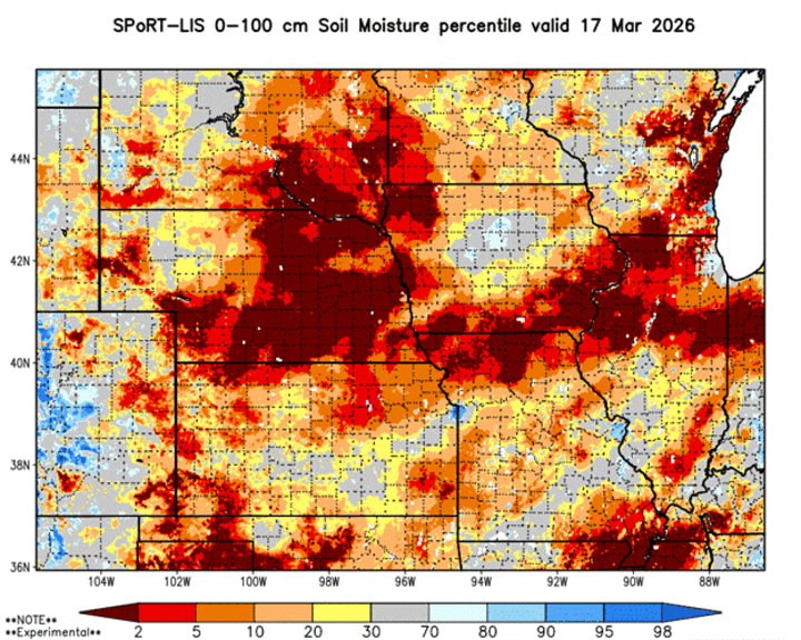 Figure 2. Drought indicator based on satellite data showing moisture conditions in the top 3 feet of soil as of March 17, 2026. Map from NASA Sport-LIS. Conditions in Nebraska show 2-70%.