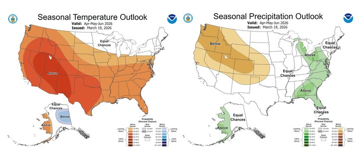 Figure 3. Maps from NOAA Climate Prediction Center showing the seasonal temperature and precipitation outlook for the United States April through June 2026, valid March 19, 2026. For Nebraska, warmer temperatures are predicted, while below average precipitation is predicted.