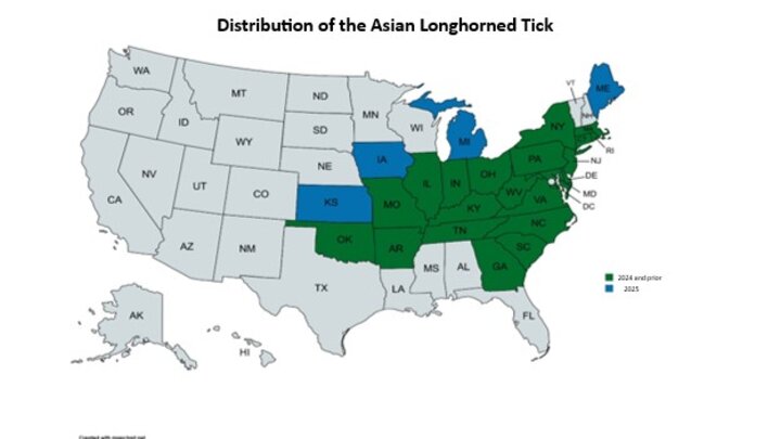 Map of the United States, showing the presence of Asian Longhorned Ticks from the east coast to central US (Iowa and Kansas).